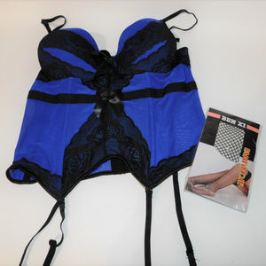 NIP Gorgeous Blue Corset with Fishnet Stockings